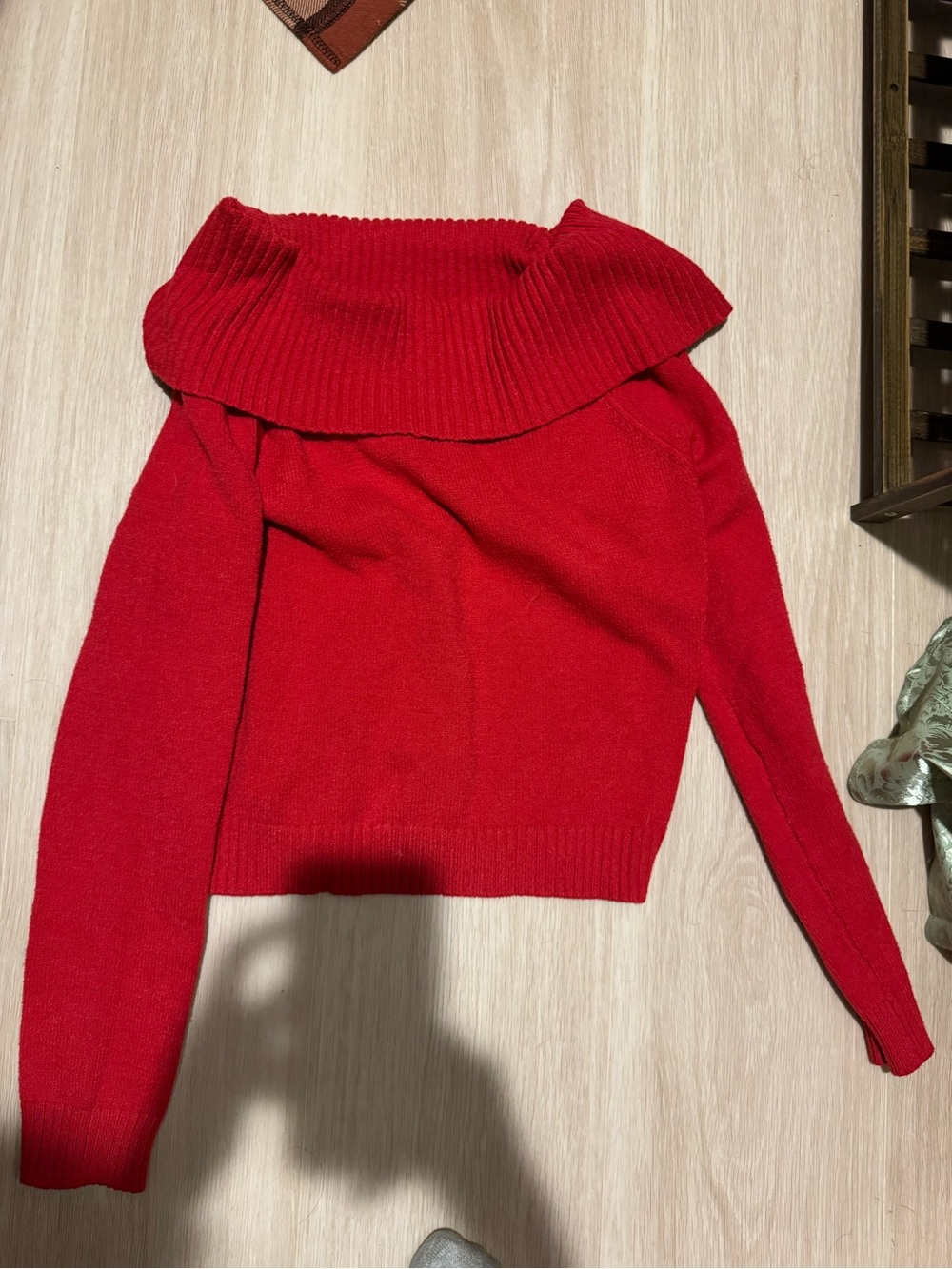 Forever 21 Red Off-Shoulder Ribbed Foldover Sweater